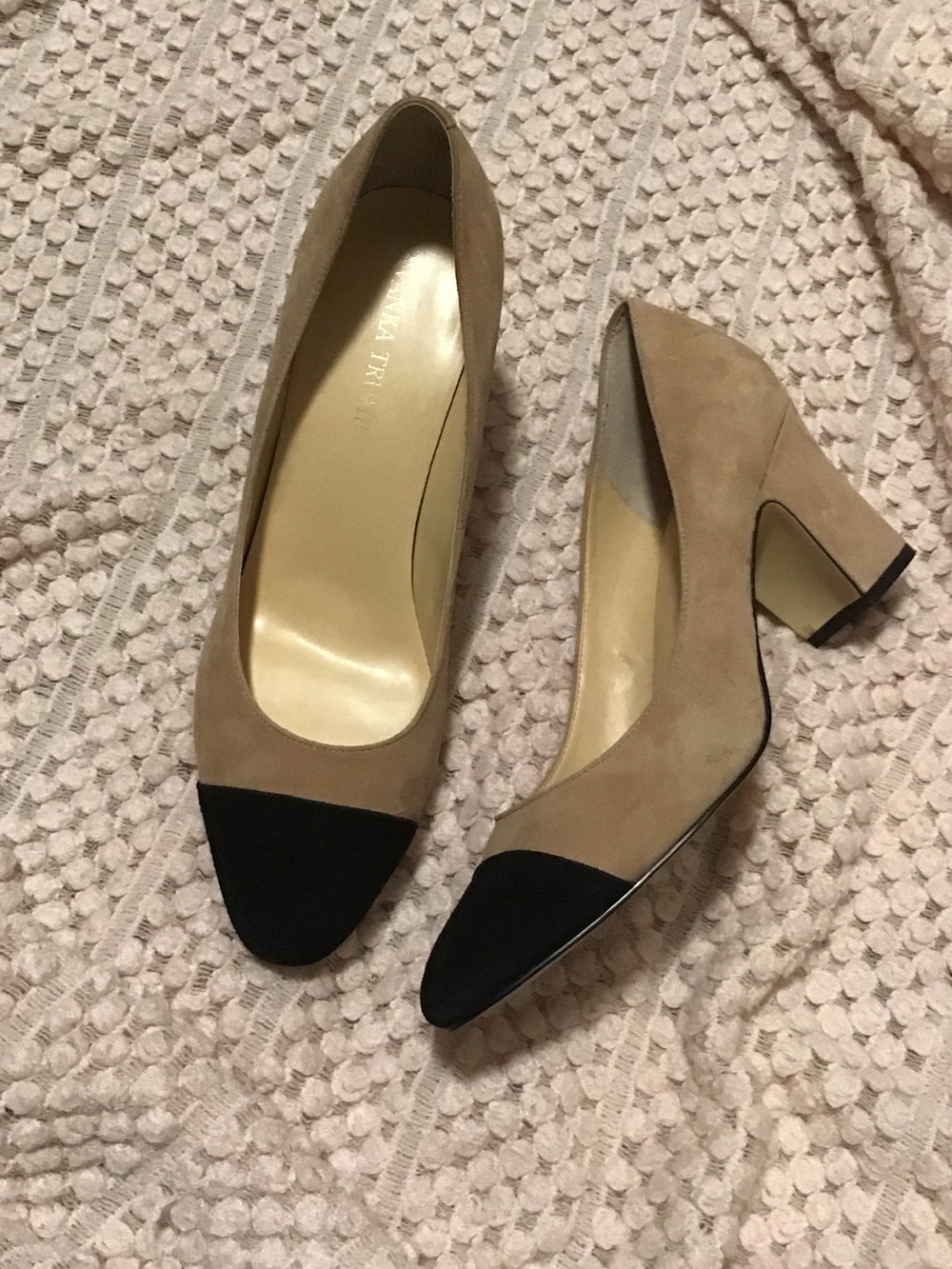 Ivanka Trump Two-Tone Suede Block Heel Pumps - Beige and Black
